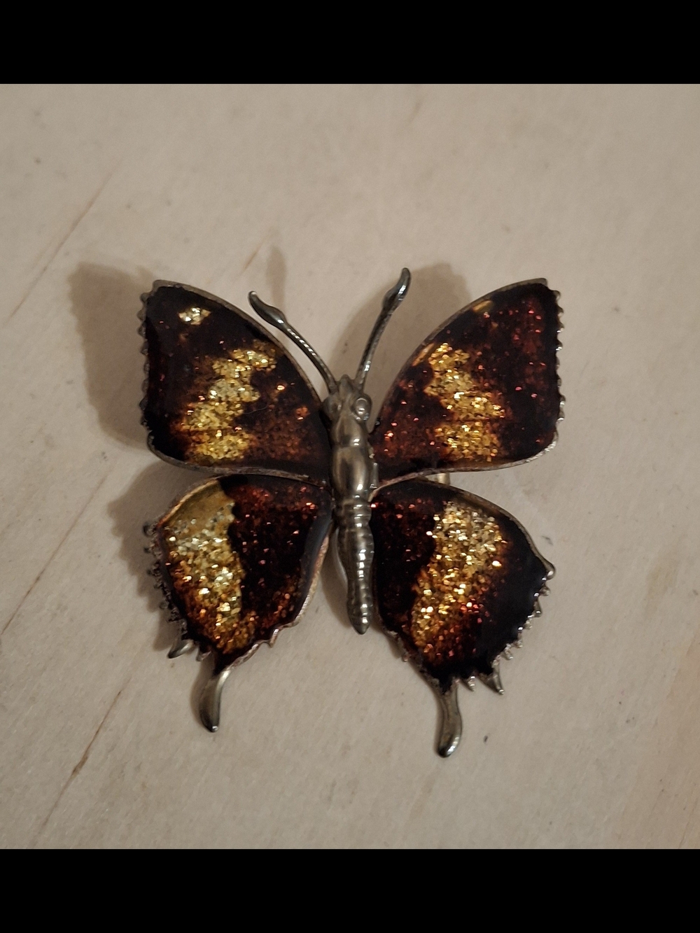 Vintage Butterfly Brooch Pin, Glittery Gold Tone Enamel Or Resin, Silver metal